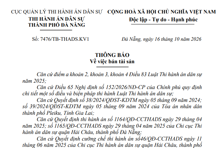 THÔNG BÁO VỀ VIỆC BÁN TÀI SẢN VỤ CÔNG TY TRÁCH NHIỆM HỮU HẠN PHÚ LỢI HƯNG